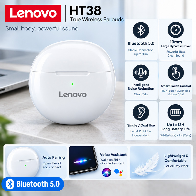 Type C Wired Earphones With Mic - Lenovo HT38 TWS Sport Earphones Mini